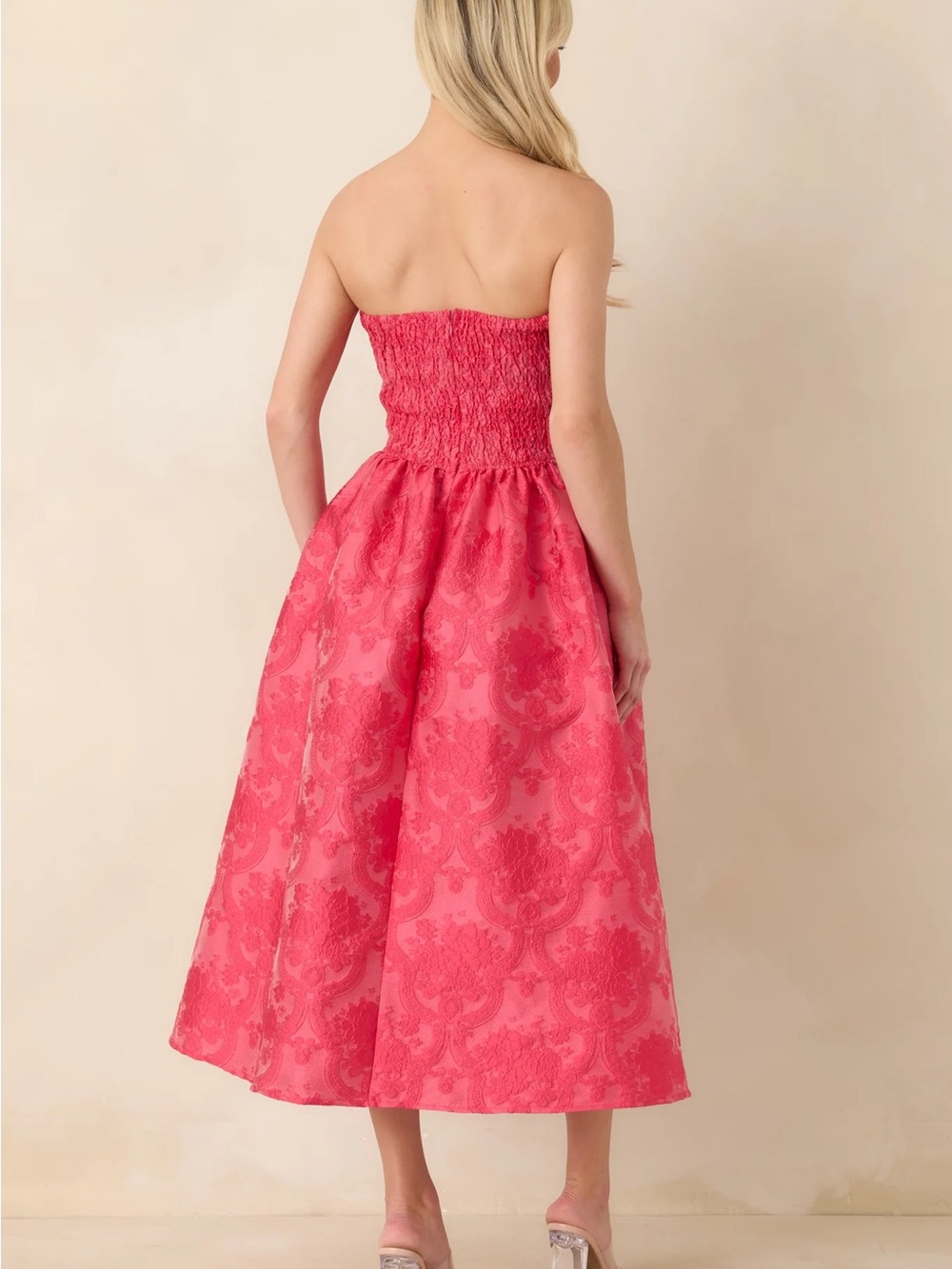 THE GENEVIEVE HOT PINK JACQUARD STRAPLESS MIDI DRESS from Red Dress - Picture 7 of 7
